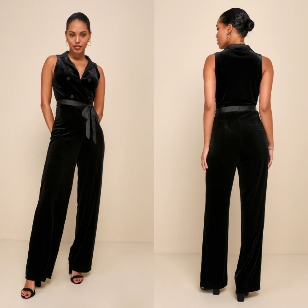 Lulus Posh Flair Black Velvet Satin Collared Surplice Jumpsuit XS Wedding Party